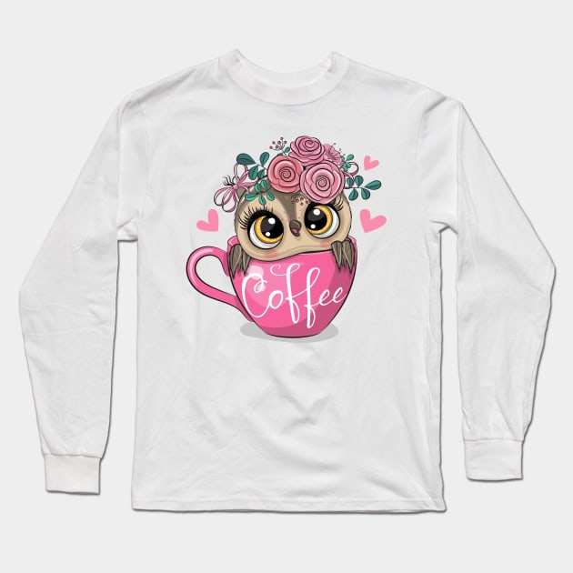 A cute owl with flowers on its head sits in a cup Long Sleeve T-Shirt by Reginast777